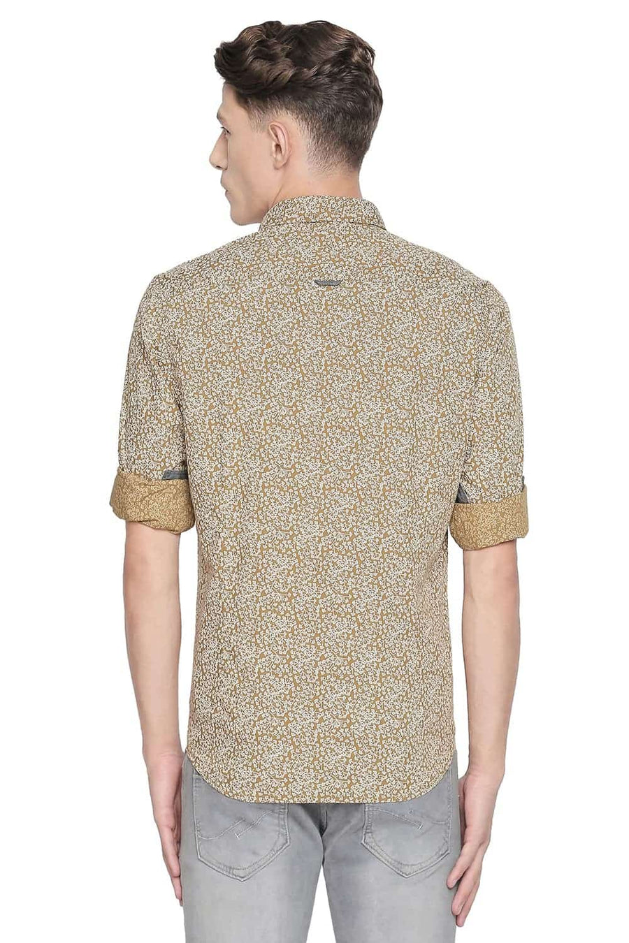 BASICS SLIM FIT ANTELOPE KHAKI PRINTED SHIRT