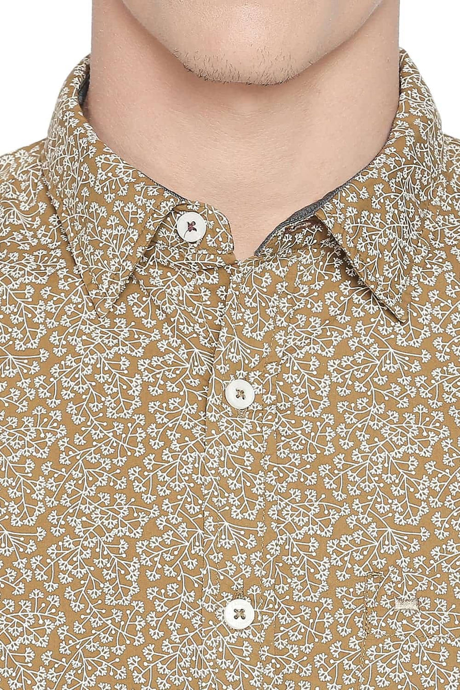 BASICS SLIM FIT ANTELOPE KHAKI PRINTED SHIRT