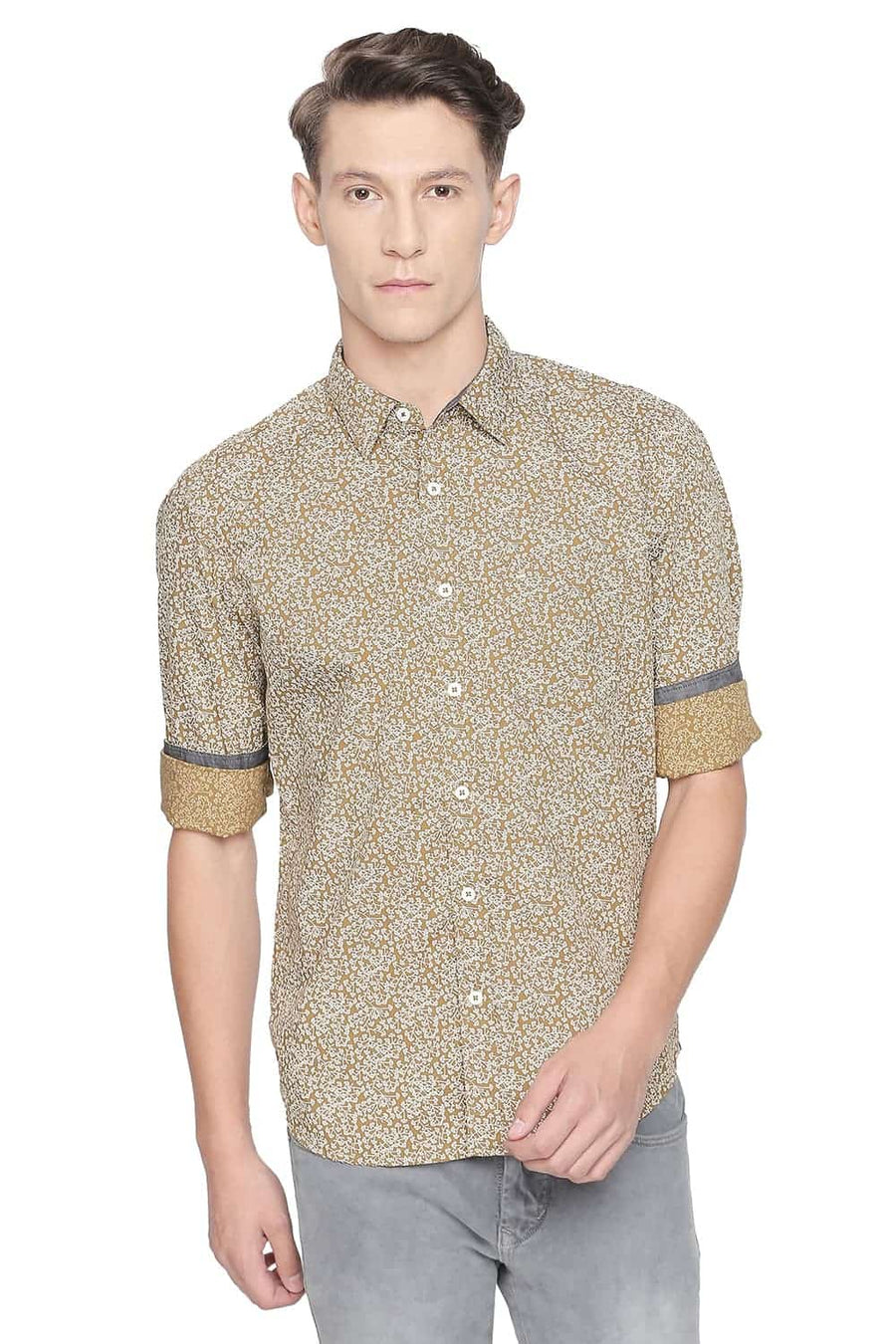 BASICS SLIM FIT ANTELOPE KHAKI PRINTED SHIRT