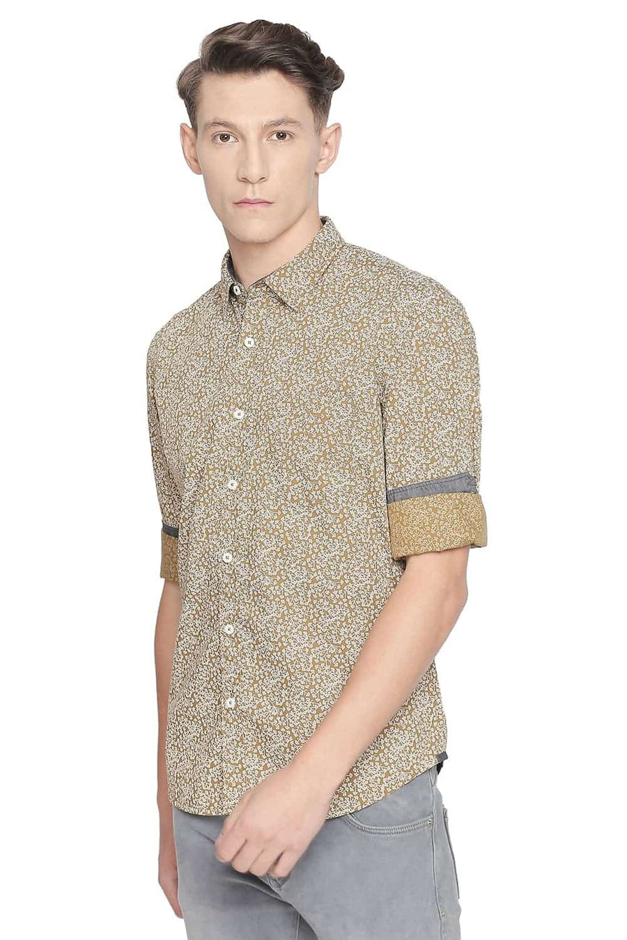 BASICS SLIM FIT ANTELOPE KHAKI PRINTED SHIRT