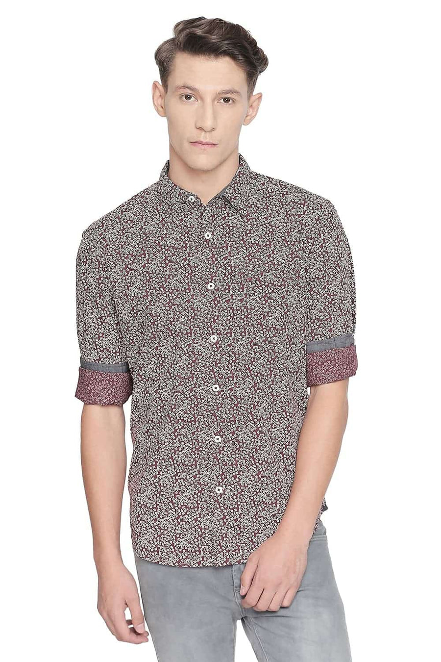 BASICS SLIM FIT CORDOVAN MAROON PRINTED SHIRT
