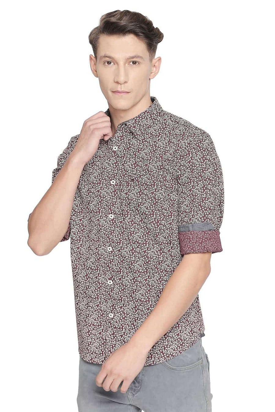 BASICS SLIM FIT CORDOVAN MAROON PRINTED SHIRT