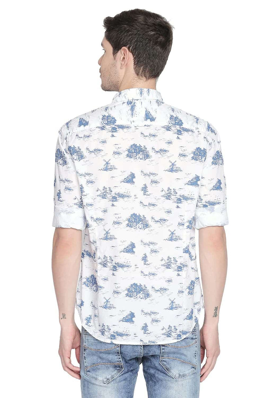 BASICS SLIM FIT MYKONOS BLUE PRINTED SHIRT