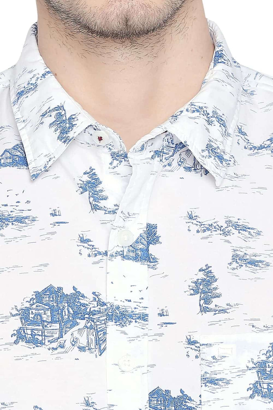 BASICS SLIM FIT MYKONOS BLUE PRINTED SHIRT