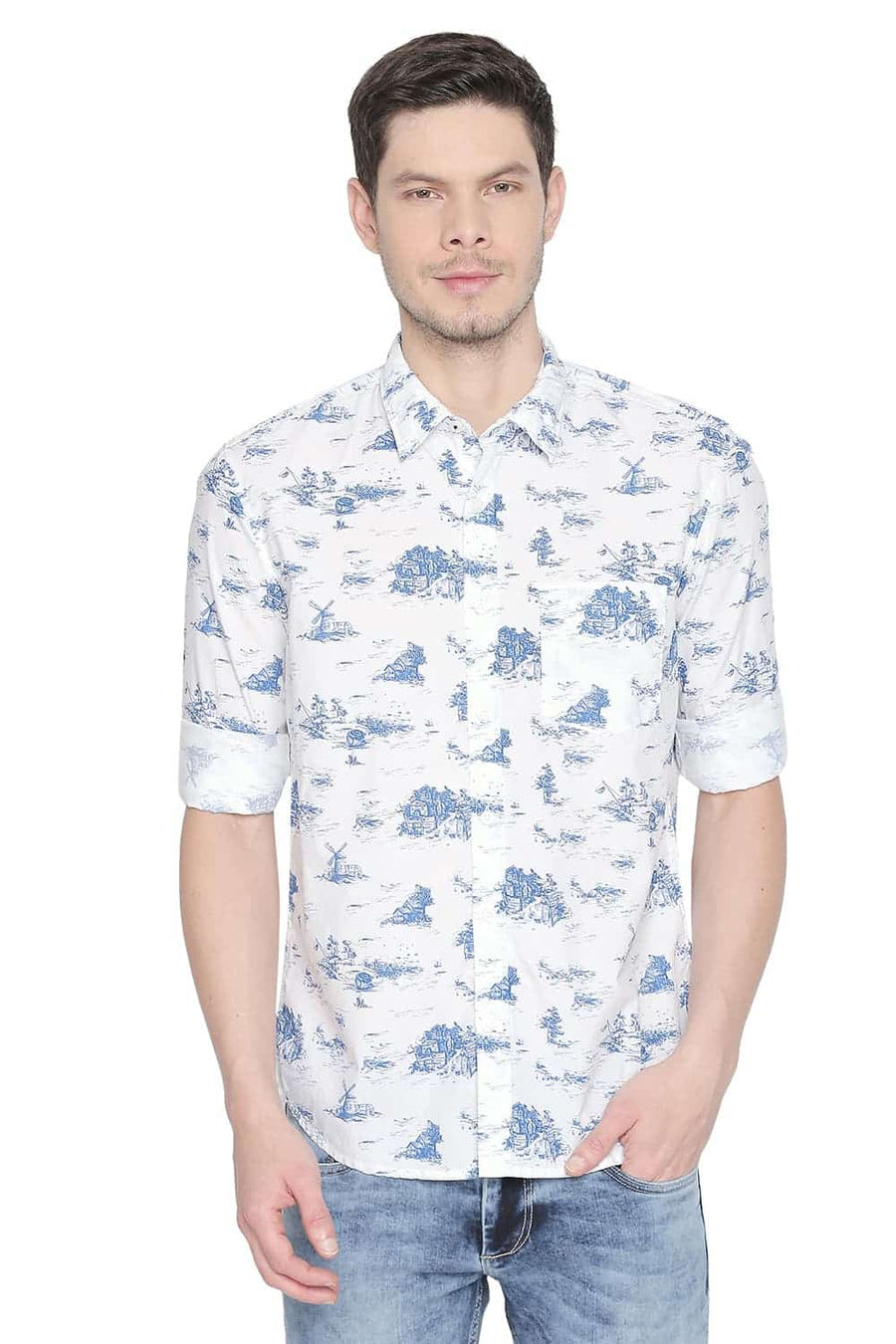 BASICS SLIM FIT MYKONOS BLUE PRINTED SHIRT