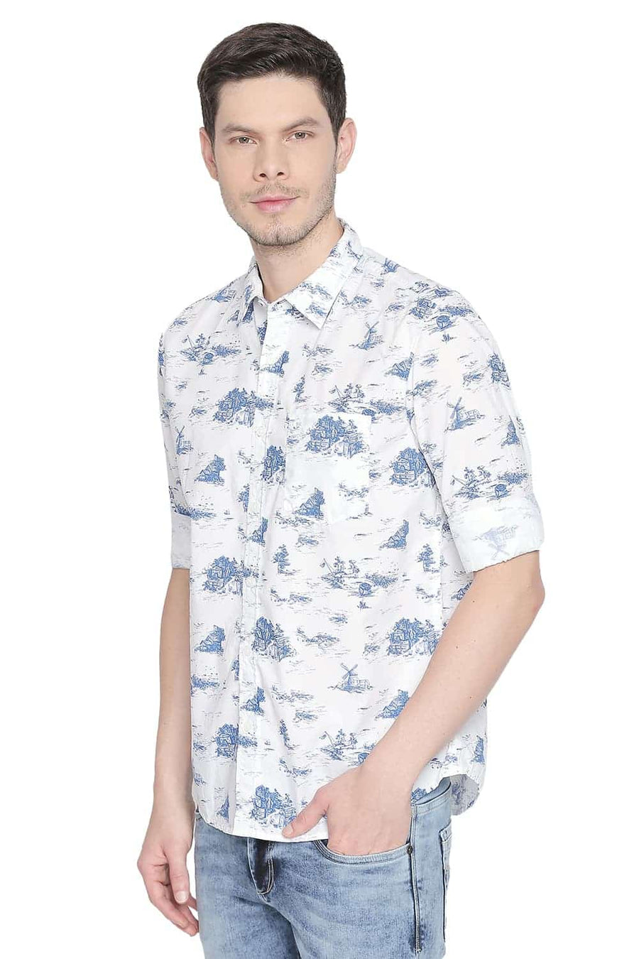BASICS SLIM FIT MYKONOS BLUE PRINTED SHIRT