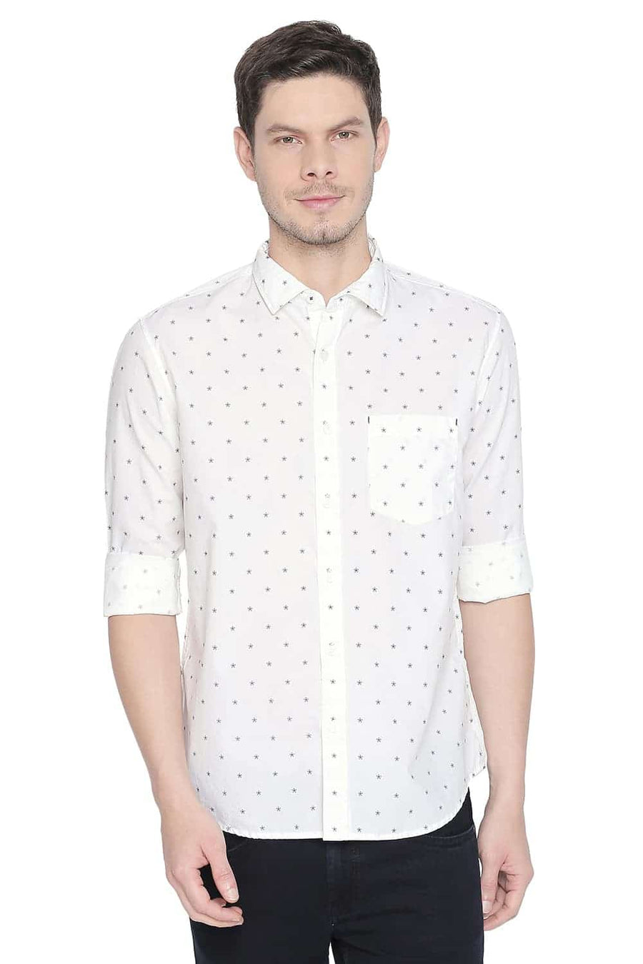BASICS SLIM FIT BRIGHT WHITE PRINTED SHIRT