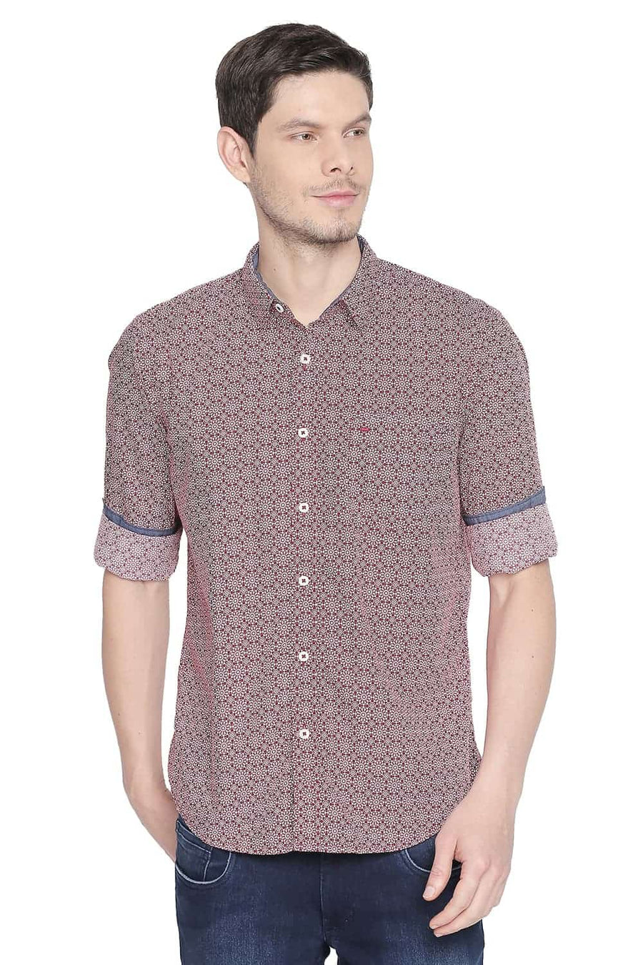 BASICS SLIM FIT SCARLET RED PRINTED SHIRT