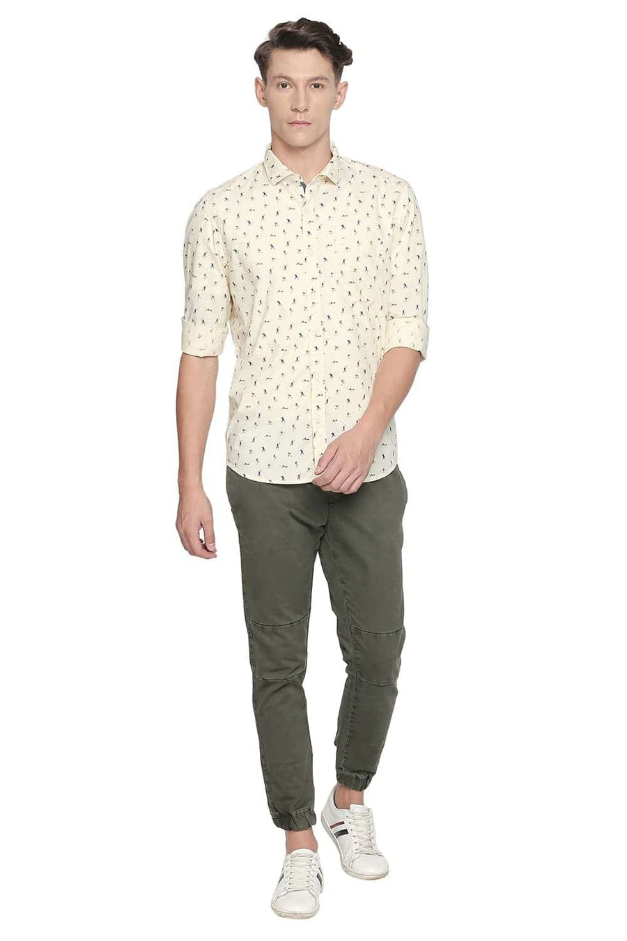 BASICS SLIM FIT REED YELLOW PRINTED SHIRT