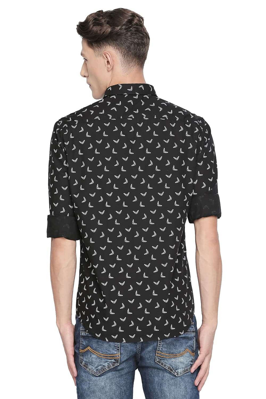 BASICS SLIM FIT ANTHRACITE BLACK PRINTED SHIRT