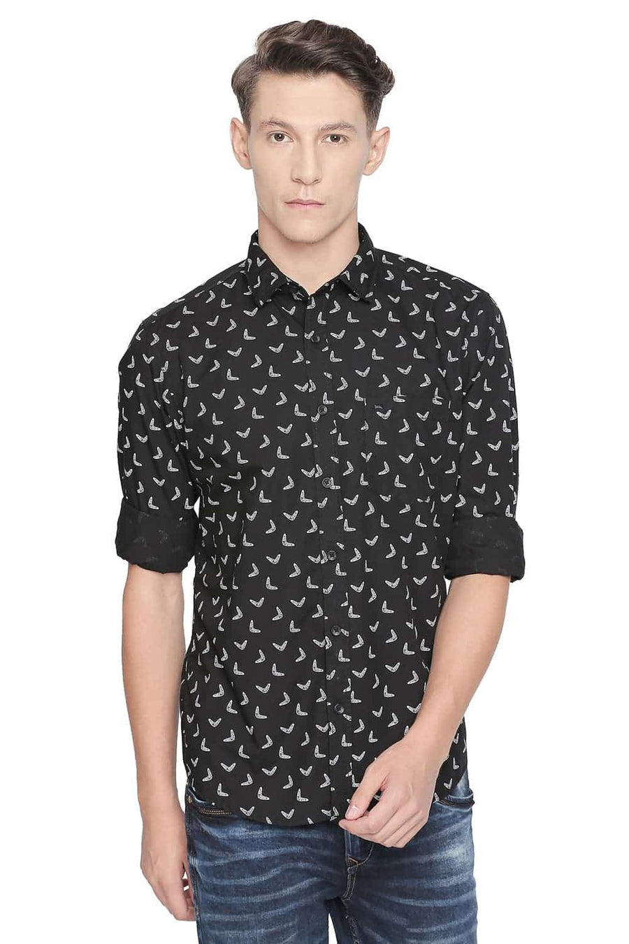 BASICS SLIM FIT ANTHRACITE BLACK PRINTED SHIRT