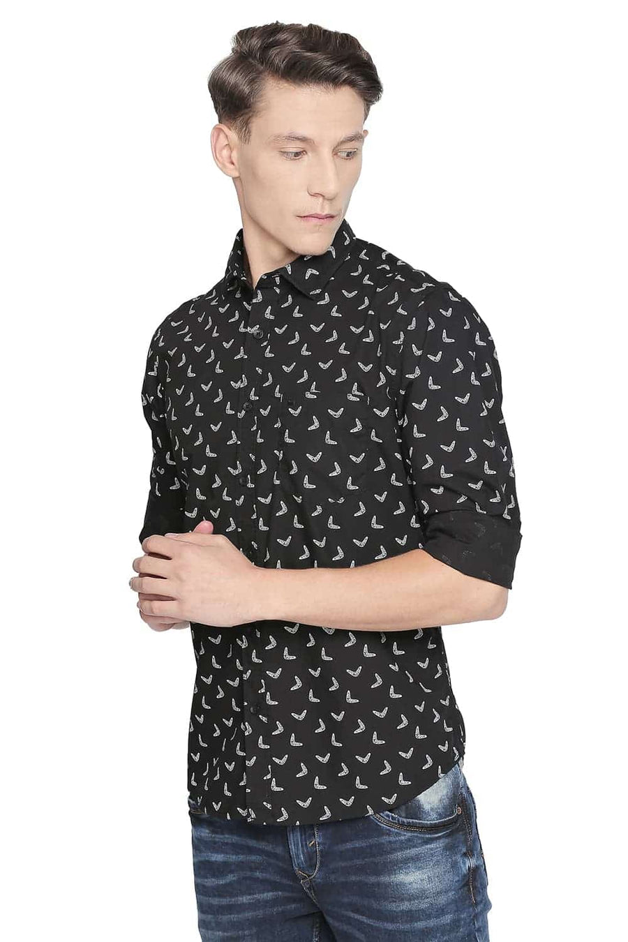 BASICS SLIM FIT ANTHRACITE BLACK PRINTED SHIRT