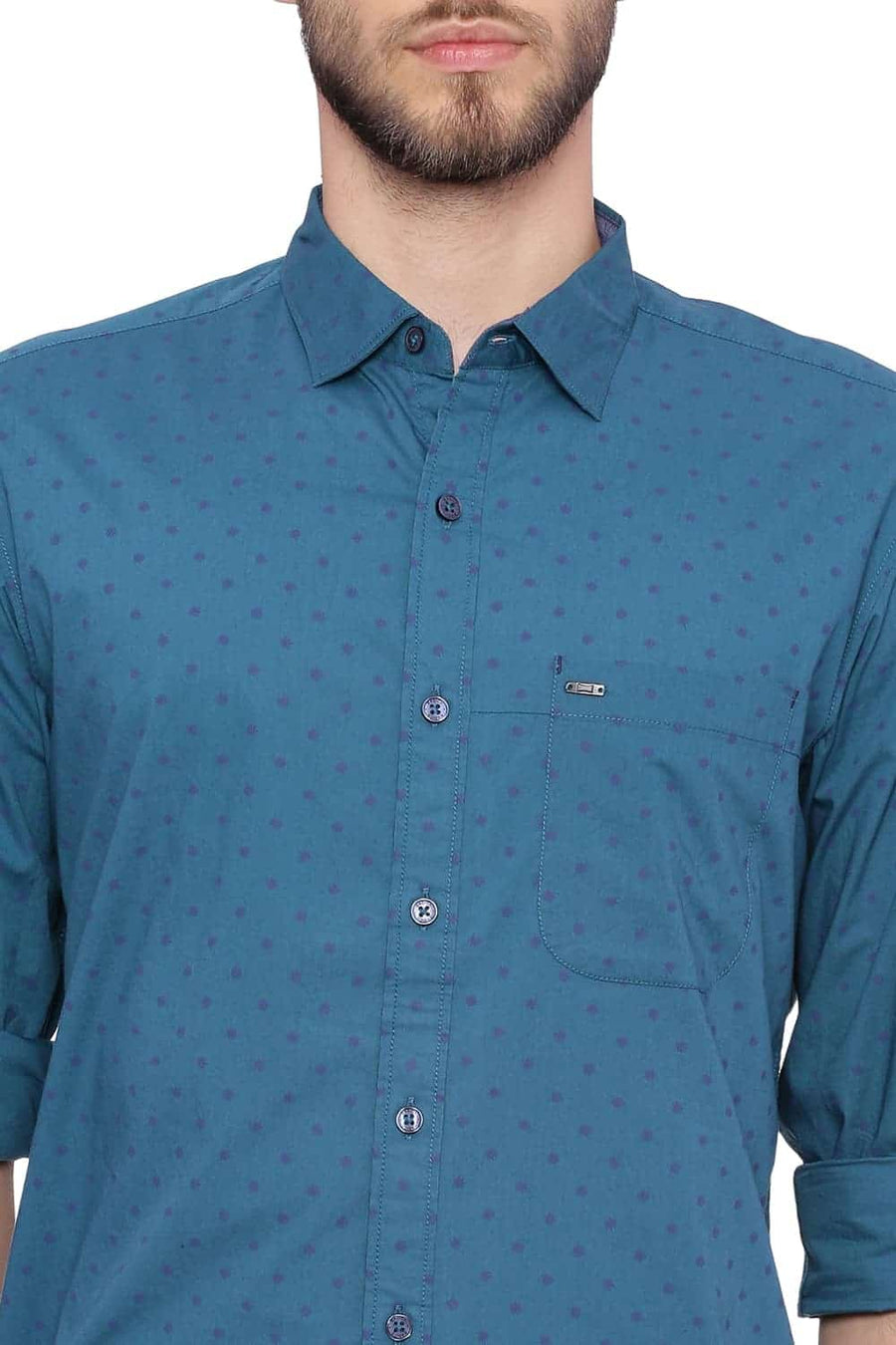 BASICS SLIM FIT ATLANTIC GREEN PRINTED SHIRT