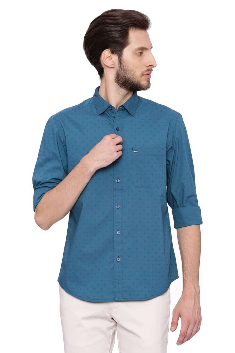 BASICS SLIM FIT ATLANTIC GREEN PRINTED SHIRT