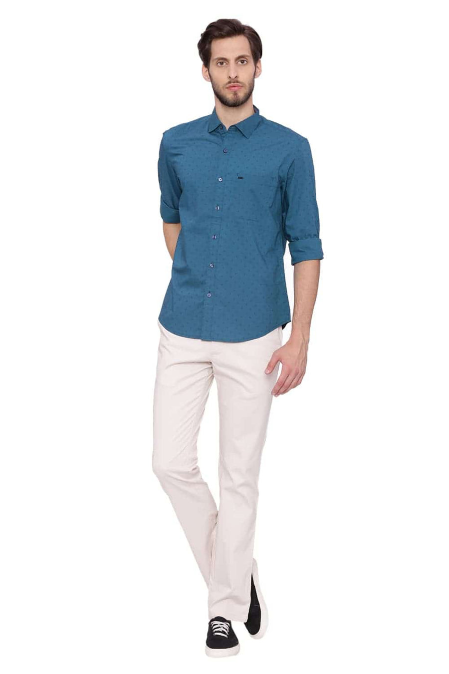 BASICS SLIM FIT ATLANTIC GREEN PRINTED SHIRT