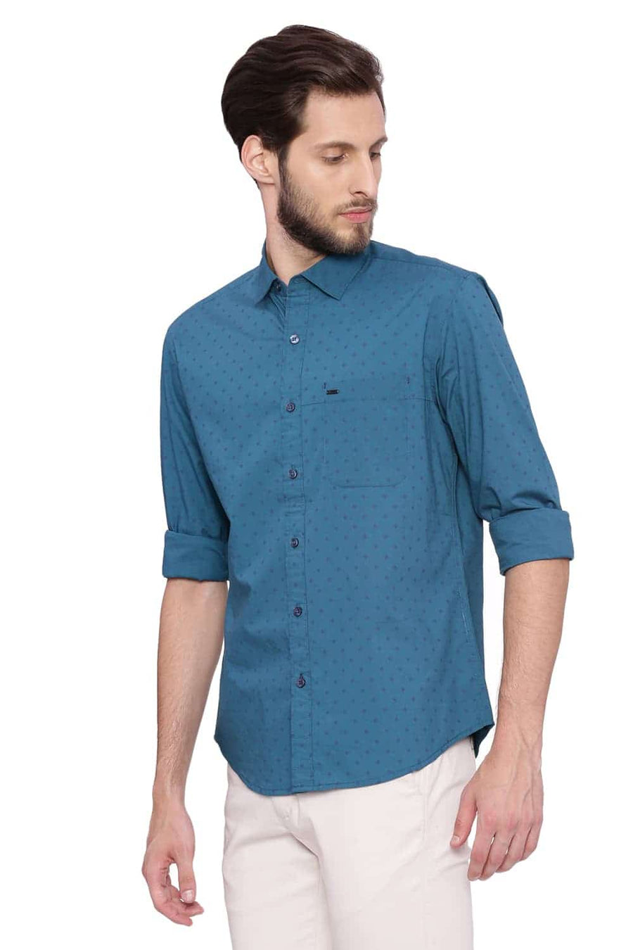 BASICS SLIM FIT ATLANTIC GREEN PRINTED SHIRT