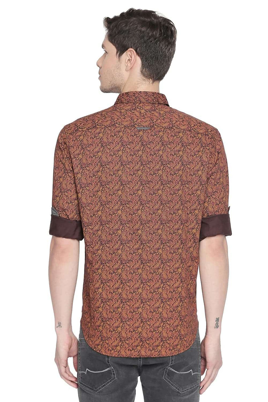 BASICS SLIM FIT SPICE BROWN PRINTED SATIN SHIRT