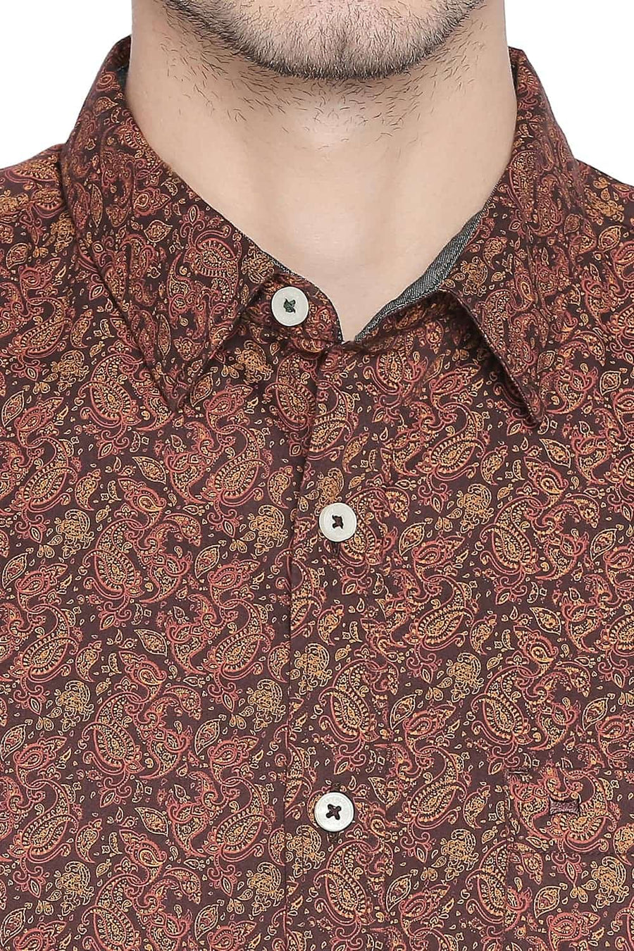 BASICS SLIM FIT SPICE BROWN PRINTED SATIN SHIRT