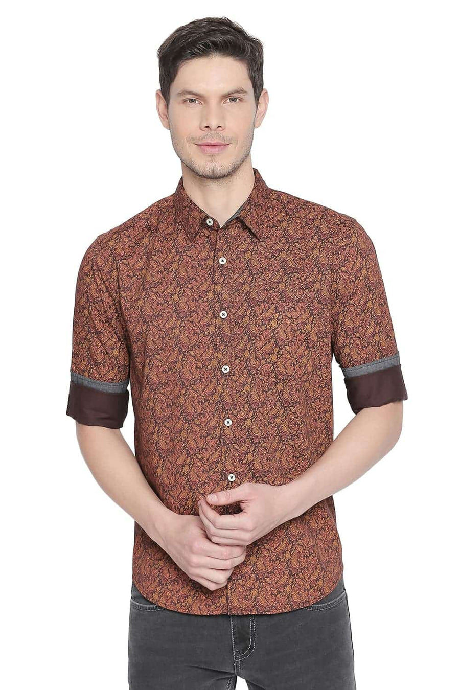 BASICS SLIM FIT SPICE BROWN PRINTED SATIN SHIRT