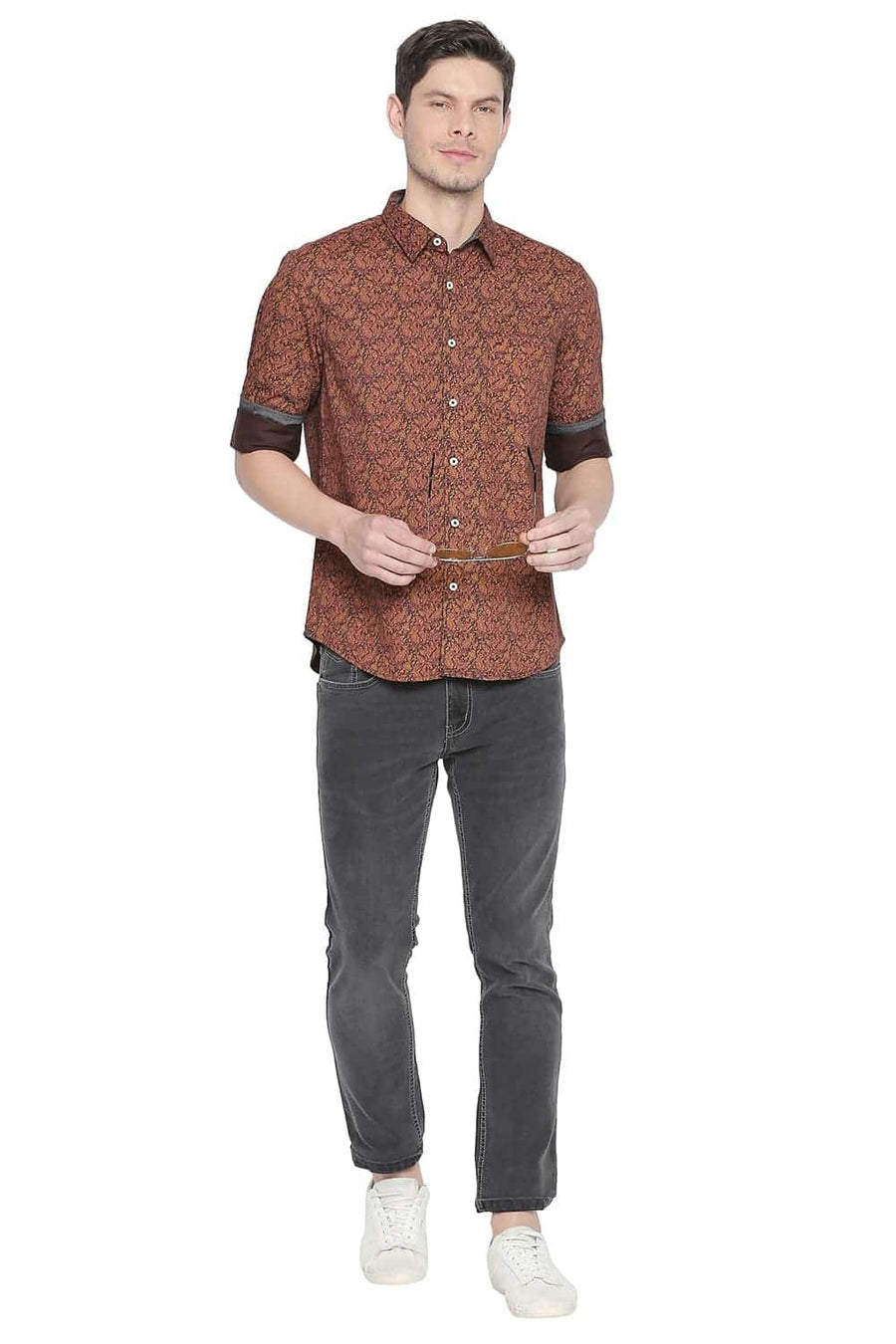 BASICS SLIM FIT SPICE BROWN PRINTED SATIN SHIRT