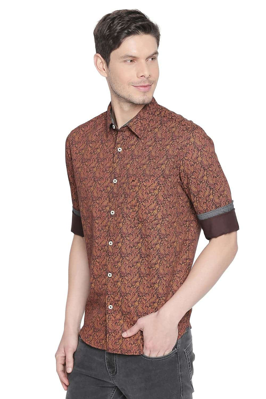 BASICS SLIM FIT SPICE BROWN PRINTED SATIN SHIRT