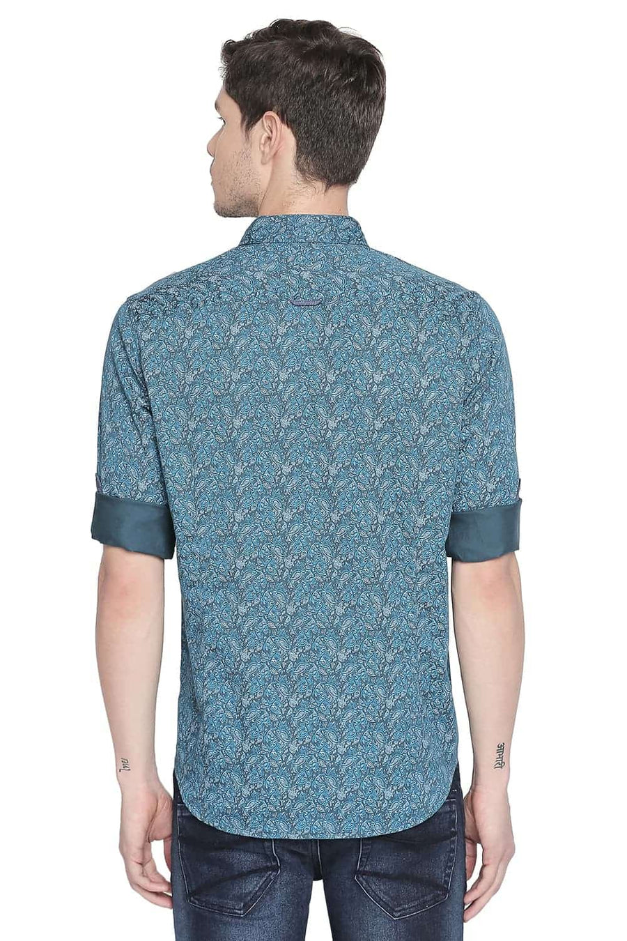 BASICS SLIM FIT ALGIERS TURQUOISE PRINTED SATIN SHIRT