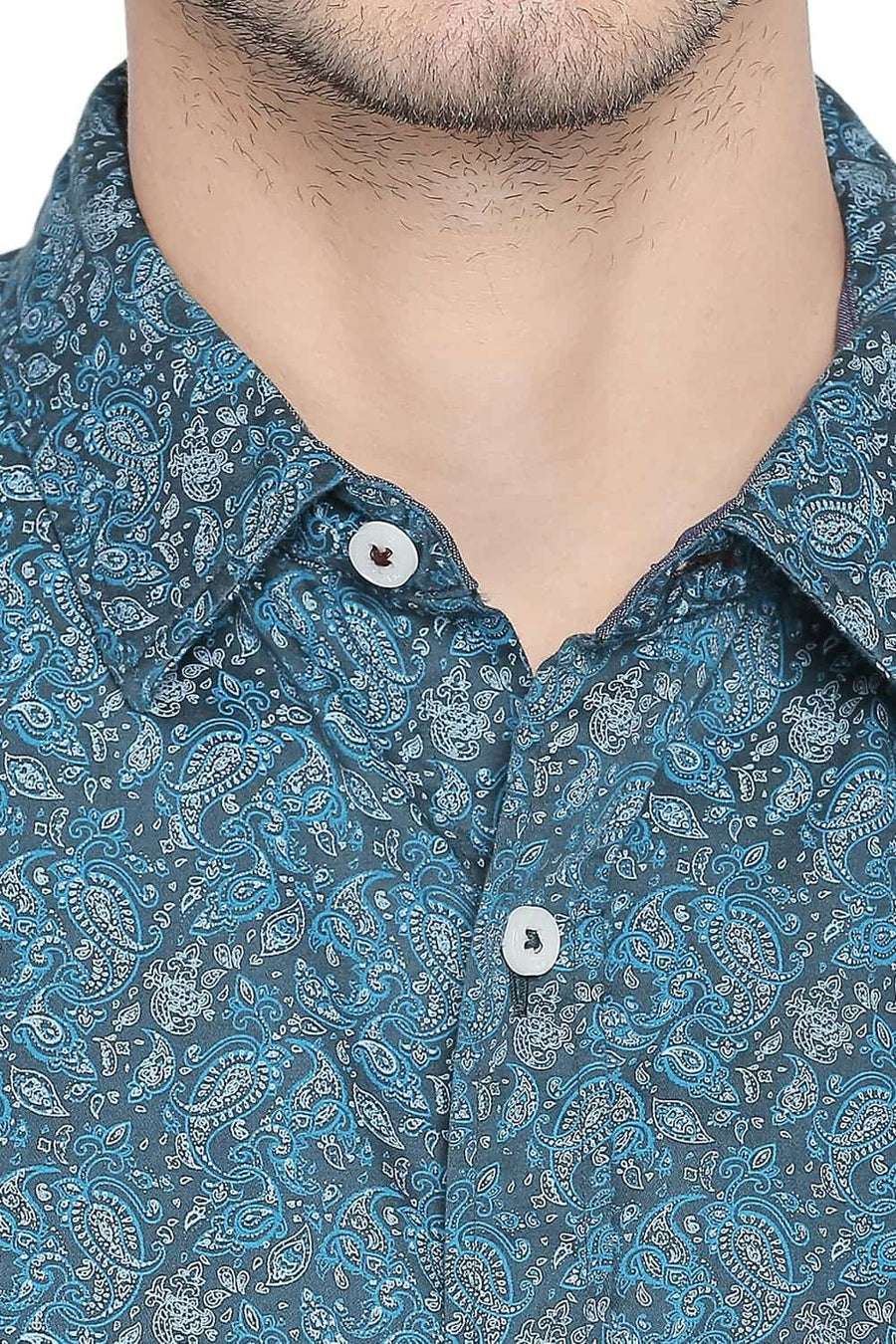 BASICS SLIM FIT ALGIERS TURQUOISE PRINTED SATIN SHIRT