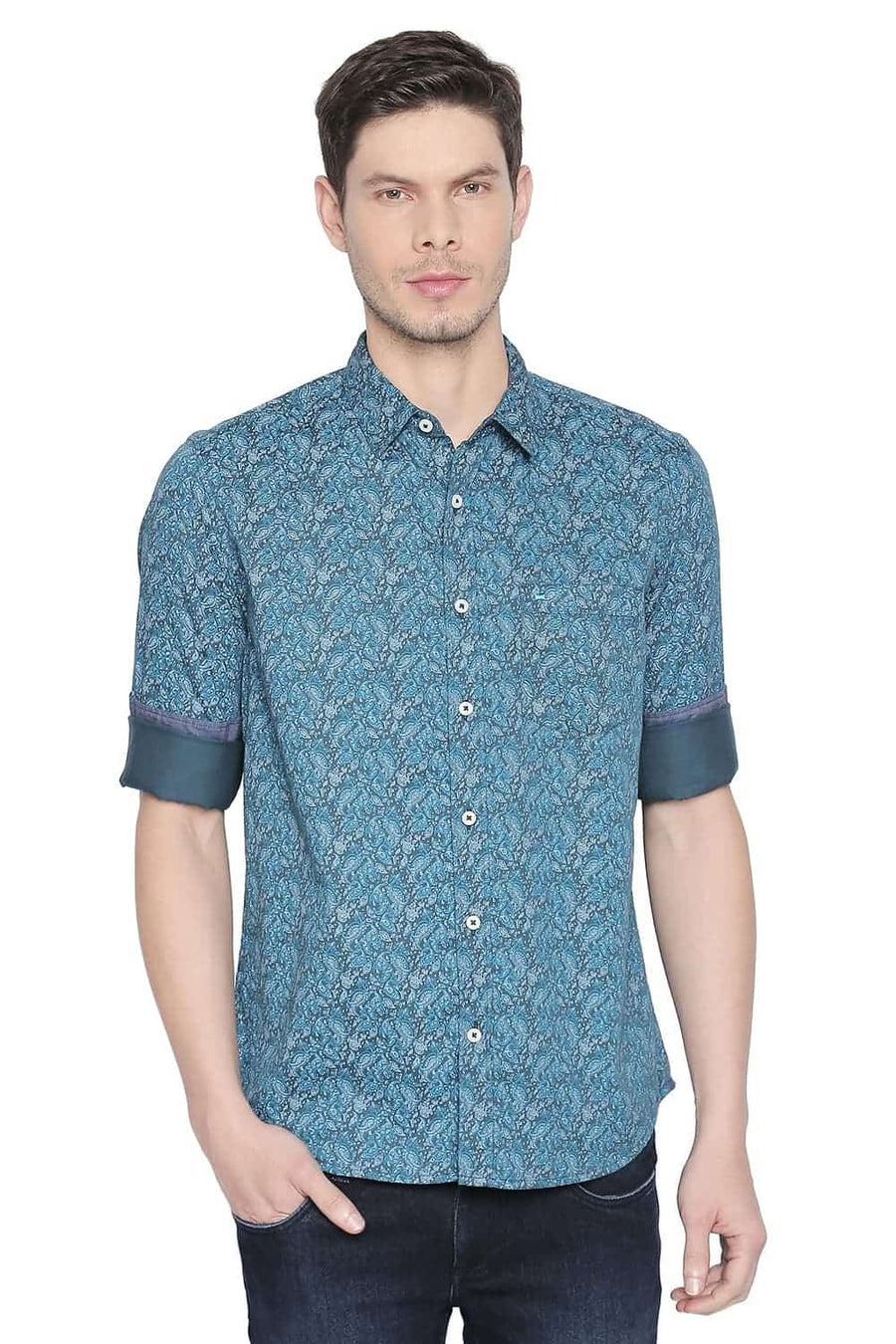 BASICS SLIM FIT ALGIERS TURQUOISE PRINTED SATIN SHIRT