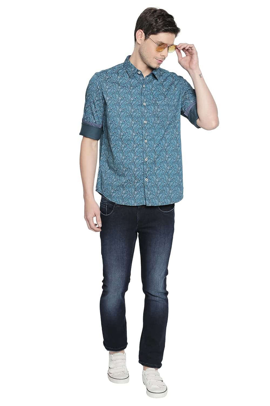 BASICS SLIM FIT ALGIERS TURQUOISE PRINTED SATIN SHIRT
