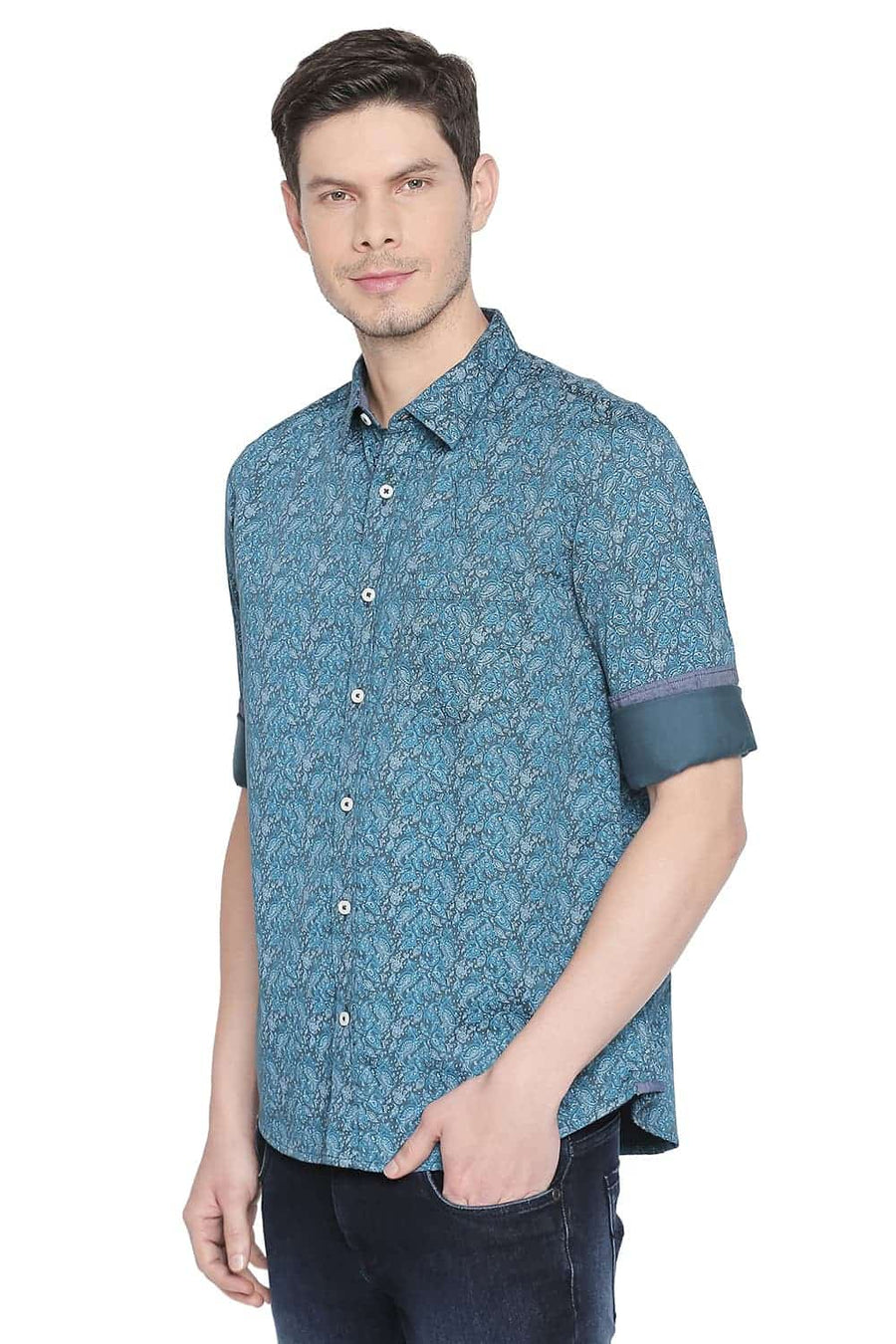 BASICS SLIM FIT ALGIERS TURQUOISE PRINTED SATIN SHIRT