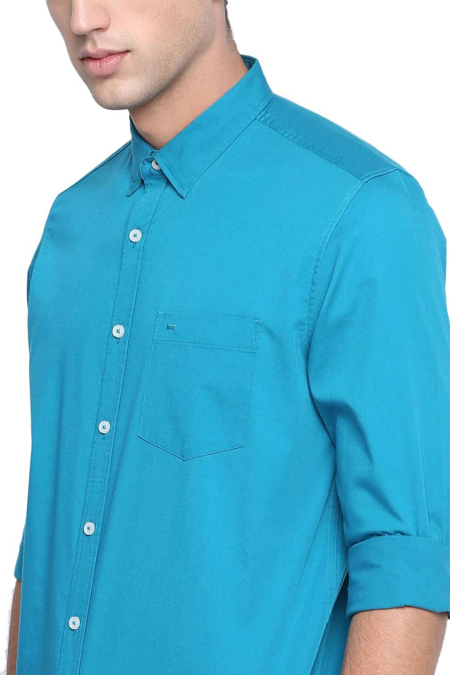 BASICS SLIM FIT ENAMEL TURQUOISE STRETCH SHIRT