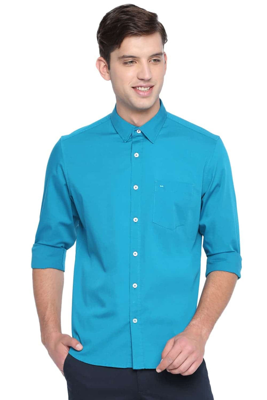 BASICS SLIM FIT ENAMEL TURQUOISE STRETCH SHIRT