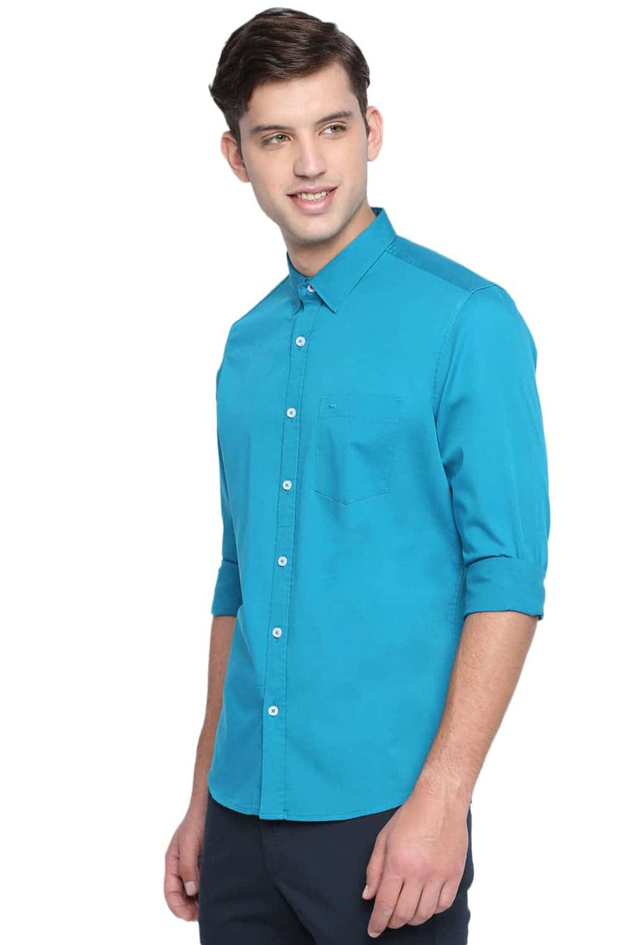 BASICS SLIM FIT ENAMEL TURQUOISE STRETCH SHIRT