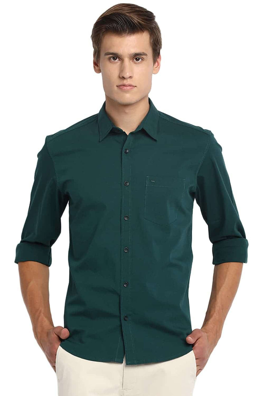 BASICS SLIM FIT STORM GREEN STRETCH SHIRT
