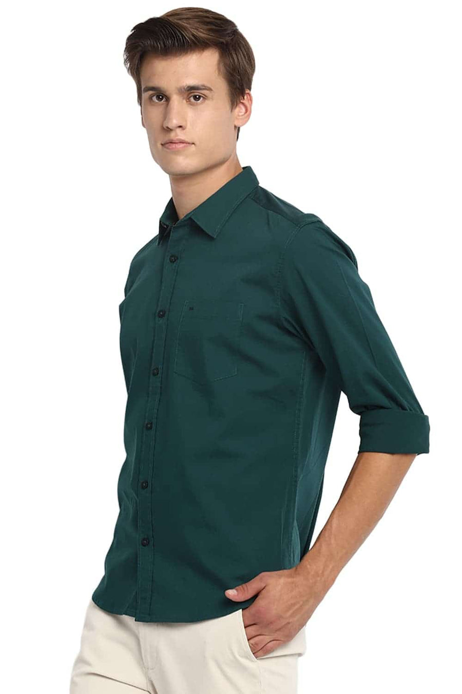 BASICS SLIM FIT STORM GREEN STRETCH SHIRT