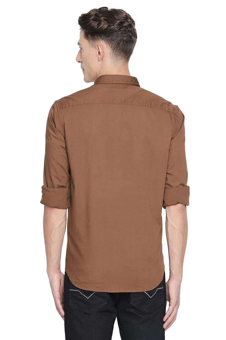 BASICS SLIM FIT DACHSHUND BROWN STRETCH SHIRT