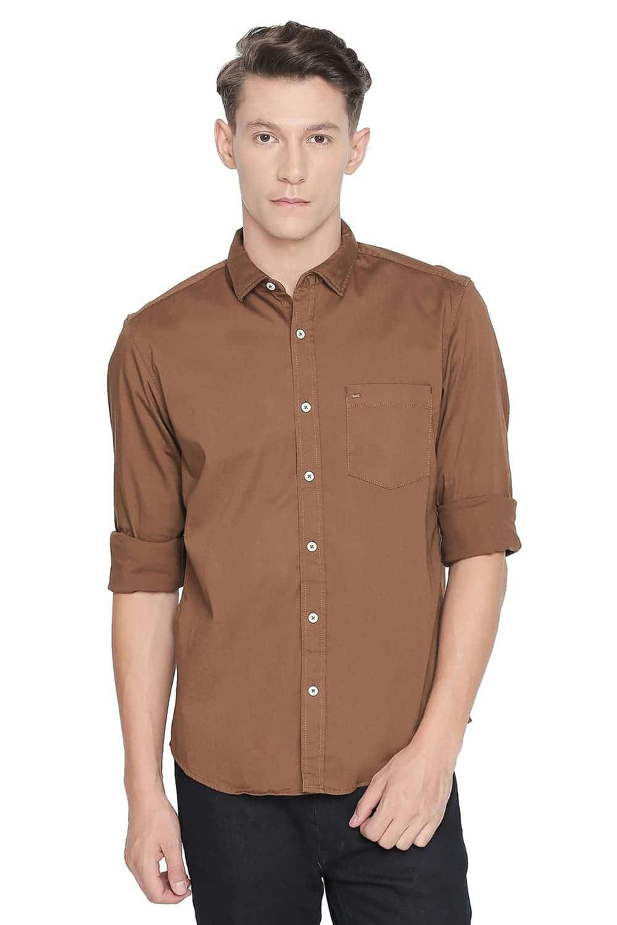 BASICS SLIM FIT DACHSHUND BROWN STRETCH SHIRT
