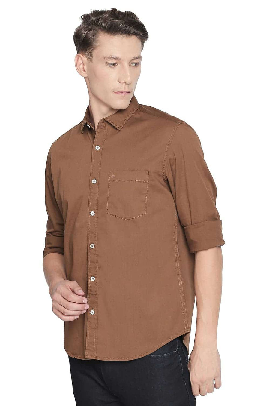 BASICS SLIM FIT DACHSHUND BROWN STRETCH SHIRT