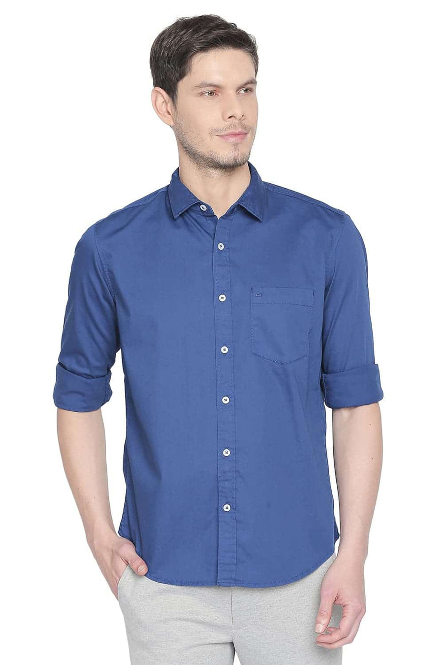 BASICS SLIM FIT MYKONOS BLUE TWILL STRETCH SHIRT