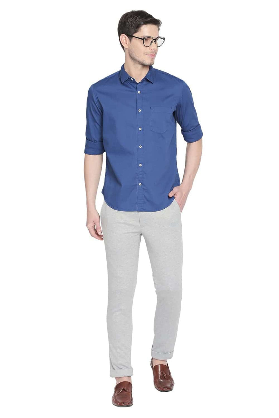 BASICS SLIM FIT MYKONOS BLUE TWILL STRETCH SHIRT
