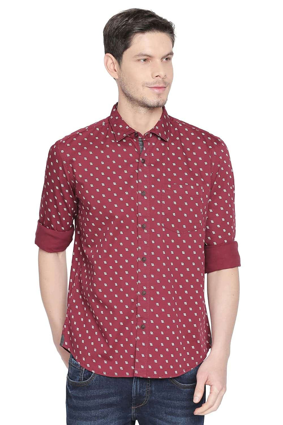 BASICS SLIM FIT RUMBA RED PRINTED SHIRT