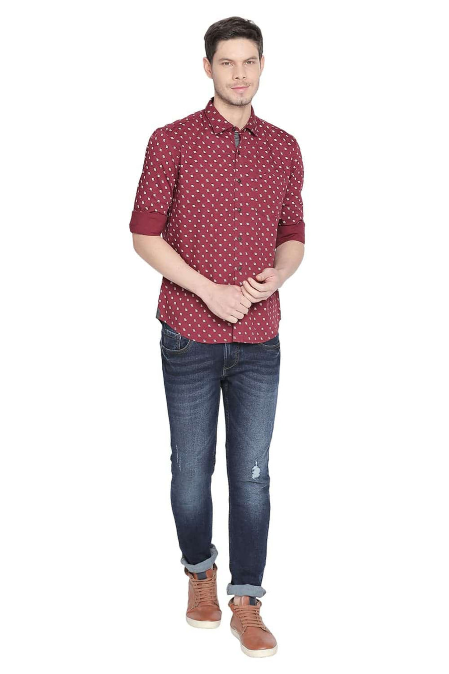 BASICS SLIM FIT RUMBA RED PRINTED SHIRT
