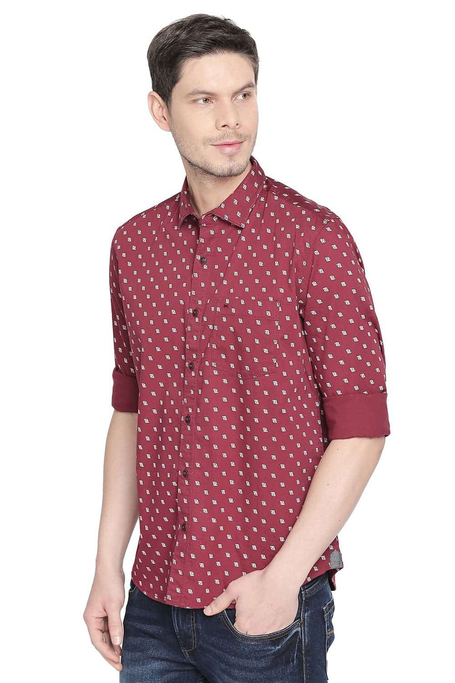 BASICS SLIM FIT RUMBA RED PRINTED SHIRT