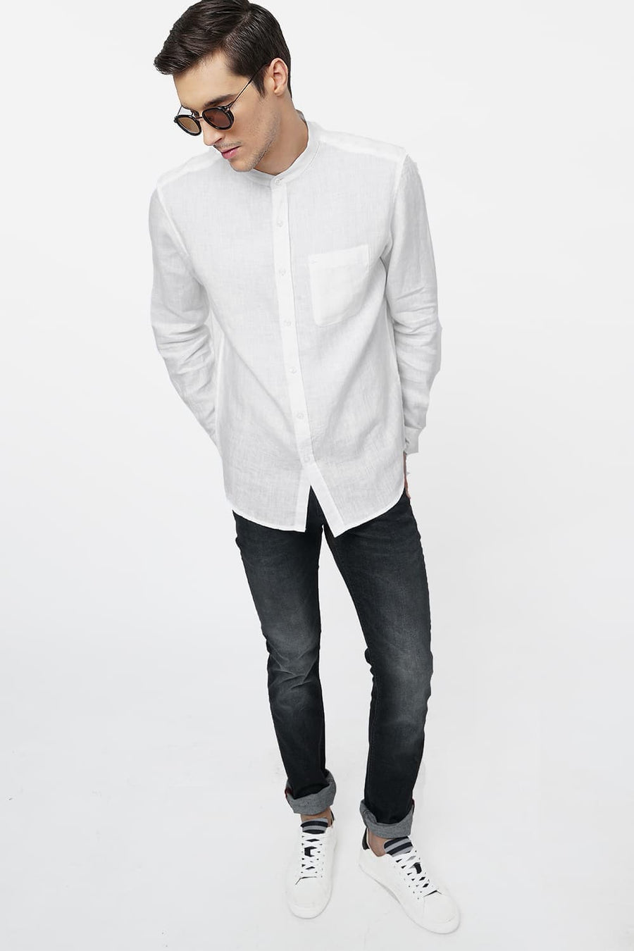 BASICS SLIM FIT WHITE LINEN SHIRT