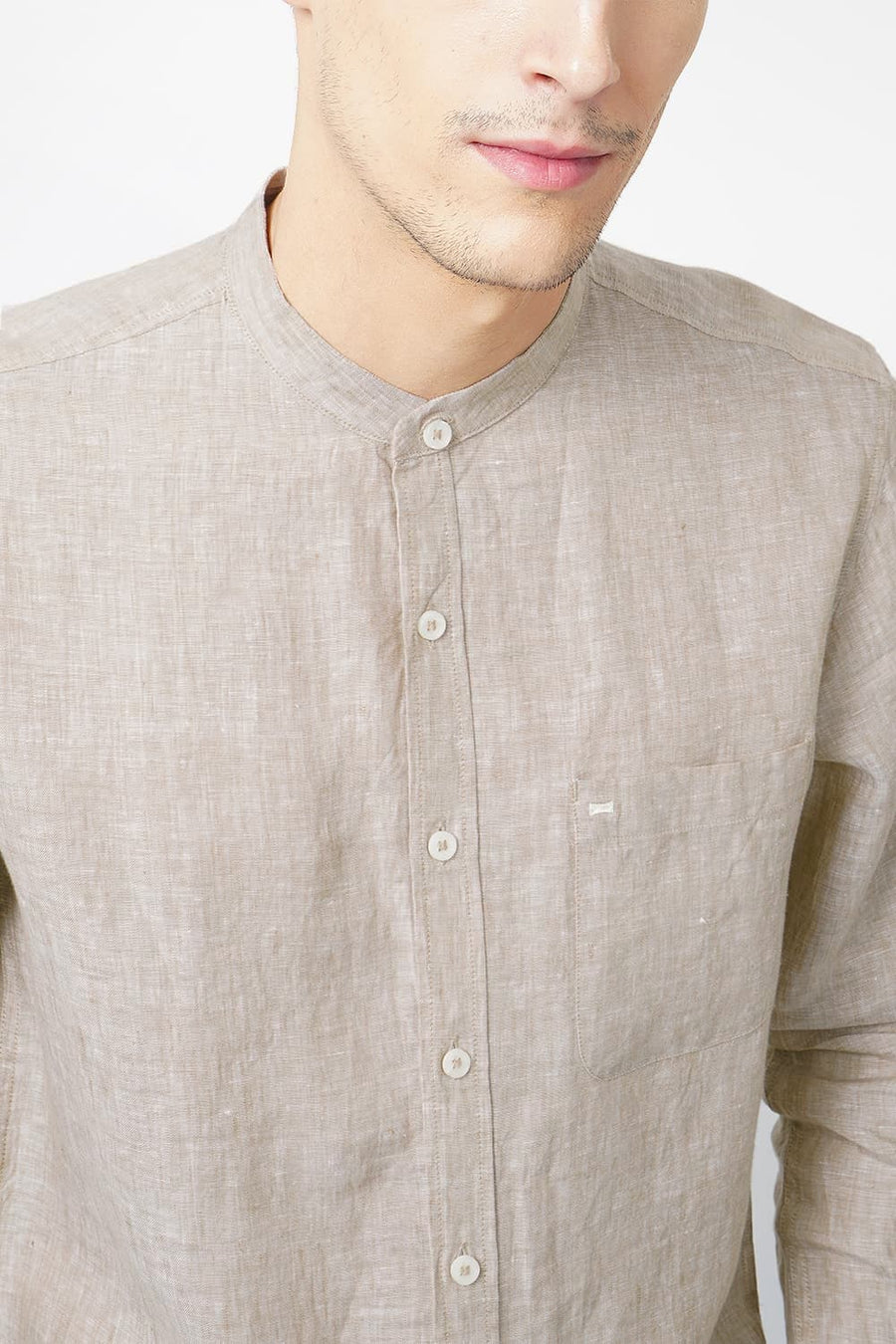 BASICS SLIM FIT BEIGE LINEN SHIRT