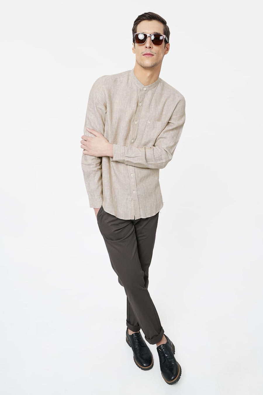 BASICS SLIM FIT BEIGE LINEN SHIRT