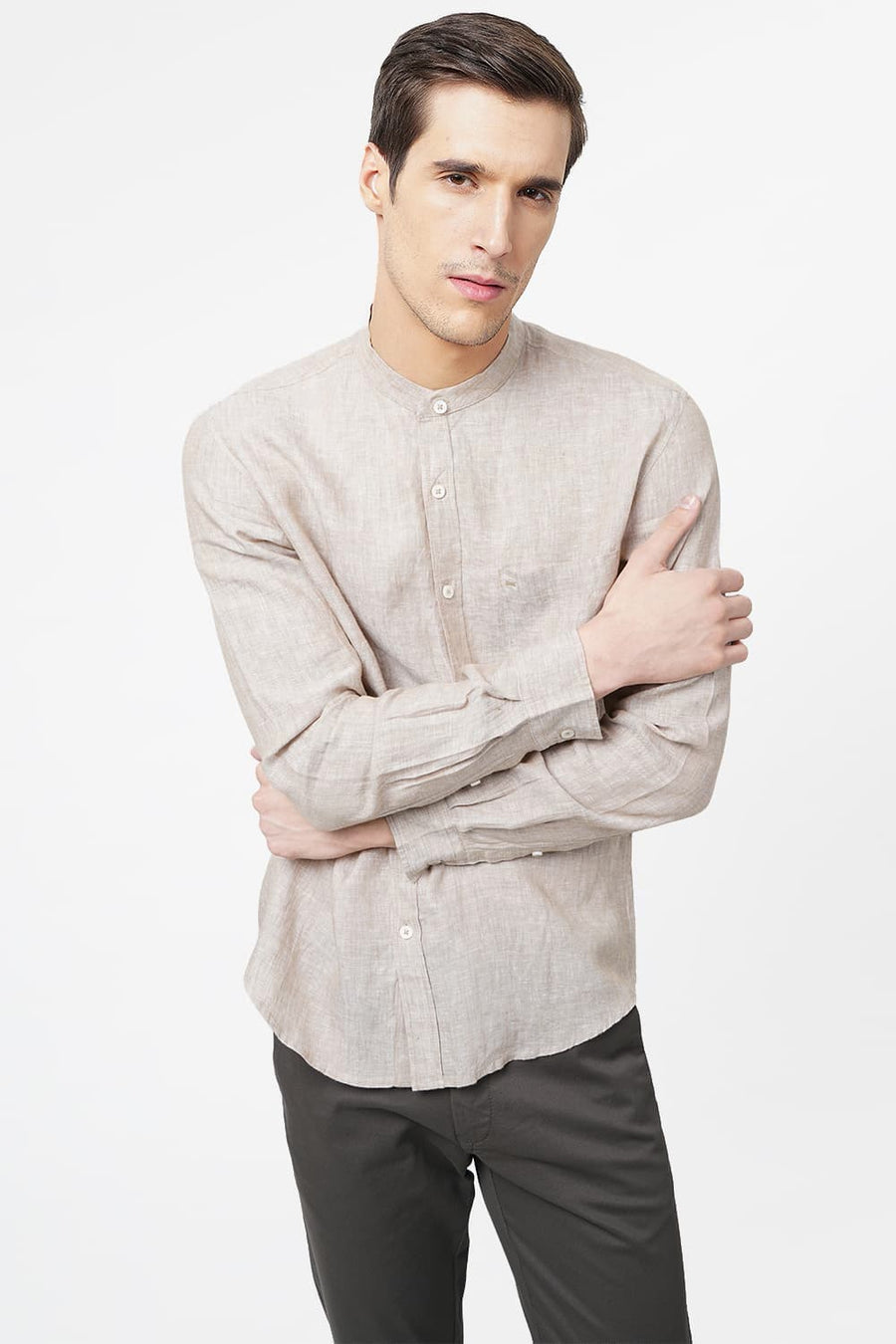BASICS SLIM FIT BEIGE LINEN SHIRT