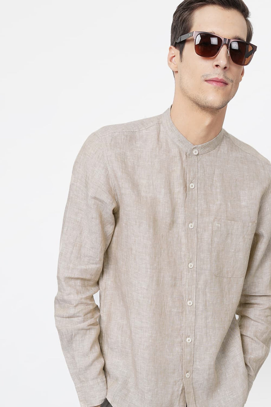 BASICS SLIM FIT BEIGE LINEN SHIRT