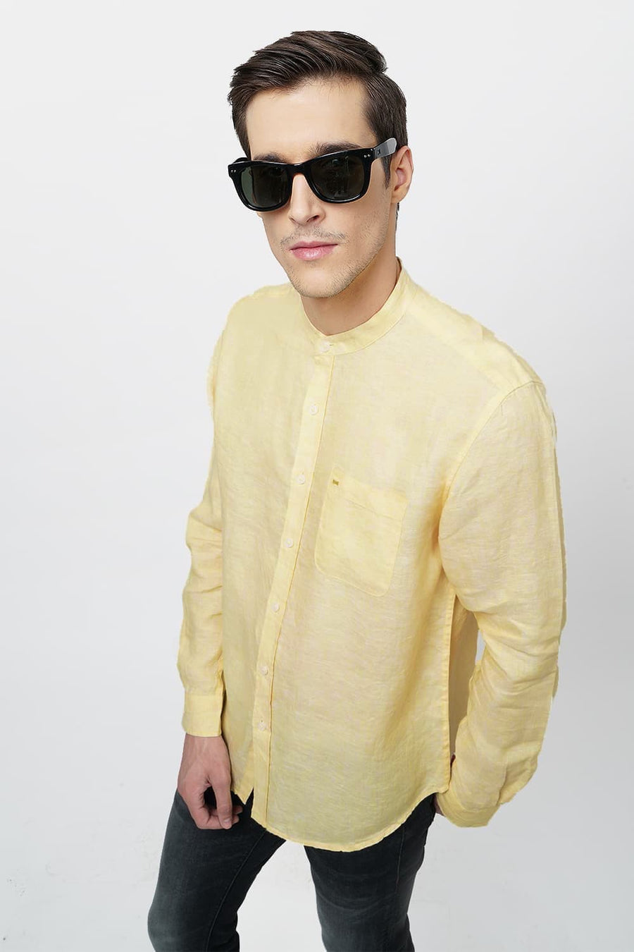 BASICS SLIM FIT YELLOW LINEN SHIRT