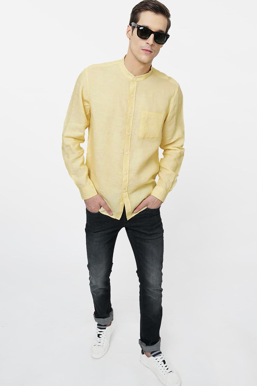 BASICS SLIM FIT YELLOW LINEN SHIRT
